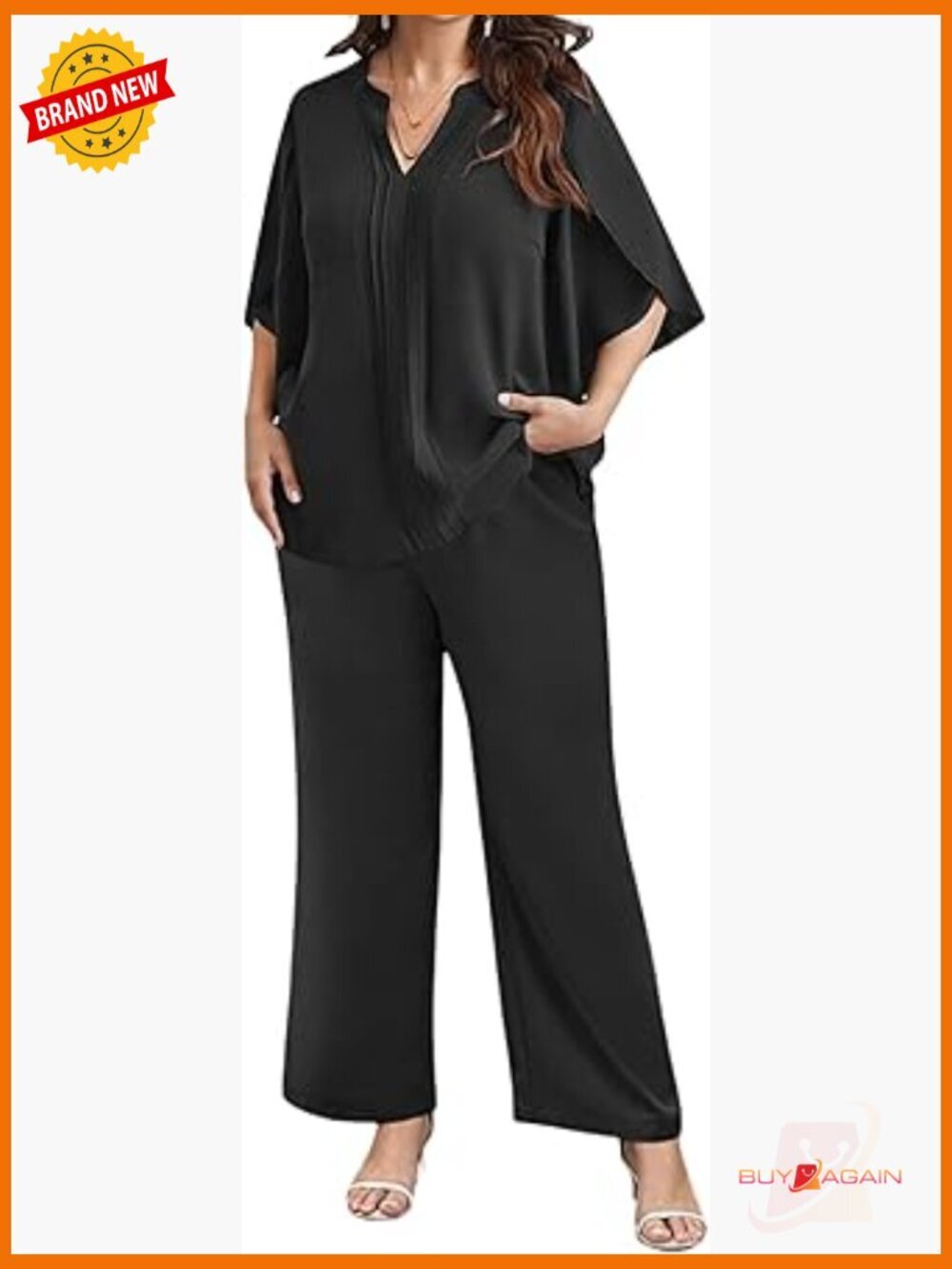 Plus Size 2 Piece Pantsuit for Women Dressy 3/4 Sleeve Blouse Wide Leg Pant